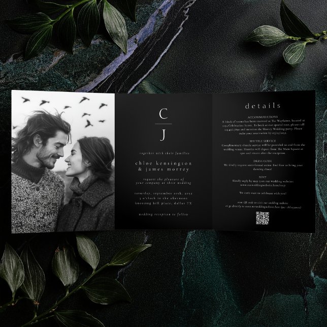 Wedding Monogram Modern Black 2 Photos QR Code Tri-Fold Invitation (Creator Uploaded)