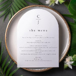 Wedding Monogram Modern Black White Arch Menu Card<br><div class="desc">Elevate your wedding reception with our Wedding Monogram Modern Black & White Arch Menu Card. Featuring a sleek arch-shaped design, this menu card combines modern minimalism with timeless elegance. The personalised monogram at the top adds a sophisticated touch, while the clean black-and-white layout ensures your menu details stand out beautifully....</div>