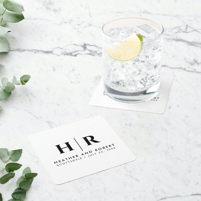 Wedding Monogram Modern Custom Bride and Groom Square Paper Coaster (Creator Uploaded)