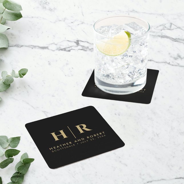 Wedding Monogram Modern Custom Bride and Groom Square Paper Coaster (Creator Uploaded)