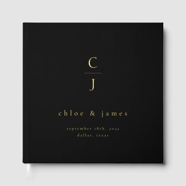 Wedding Monogram Modern Minimal Black Gold Guest Book (Front)