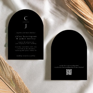 Wedding Monogram Modern Solid Black Custom QR Code Invitation