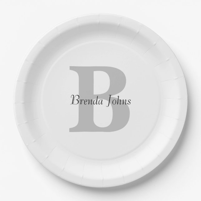 Wedding Monogram Name Baby Shower Grey Black White Paper Plate (Front)