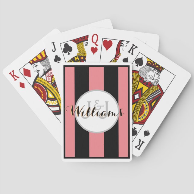 WEDDING monogram & Name on BLACK  & CORAL stirpes Playing Cards (Back)