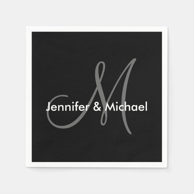 Wedding Monogram Names Black White Grey Napkin (Front)
