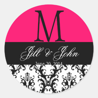 Wedding Monogram Names Damask Hot Pink Seal