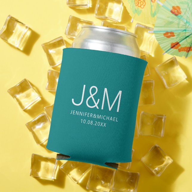 Wedding Monogram Names Dark Teal Template Elegant Can Cooler (In Situ Summer)