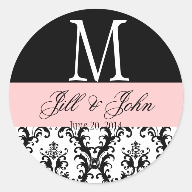Wedding Monogram Names Date Damask Black Pink Classic Round Sticker (Front)