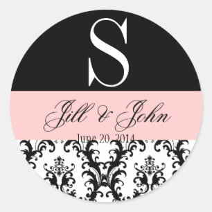 Wedding Monogram Names Date Damask Black Pink Classic Round Sticker