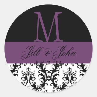 Wedding Monogram Names Date Damask Black Purple Classic Round Sticker