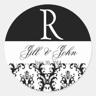 Wedding Monogram Names Date Damask Black White Classic Round Sticker