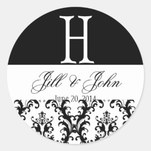 Wedding Monogram Names Date Damask Black White Classic Round Sticker