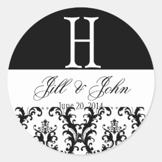 Wedding Monogram Names Date Damask Black White Classic Round Sticker