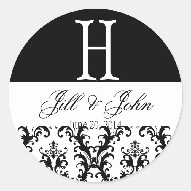 Wedding Monogram Names Date Damask Black White Classic Round Sticker (Front)
