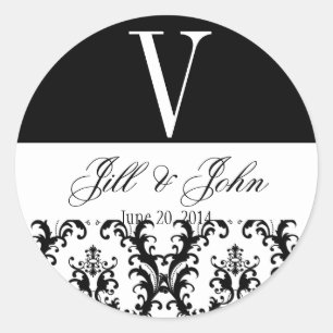 Wedding Monogram Names Date Damask Black White Classic Round Sticker