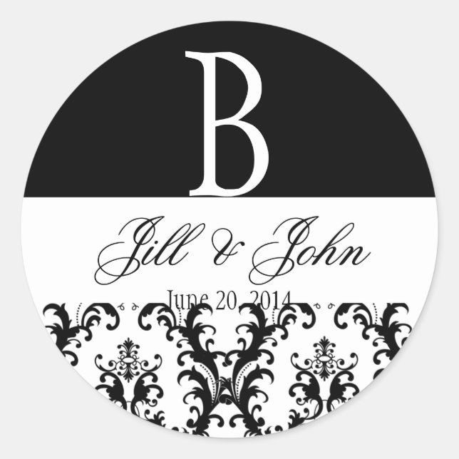 Wedding Monogram Names Date Damask Black White Classic Round Sticker (Front)