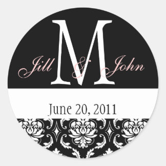 Wedding Monogram Names Date Damask Black White Classic Round Sticker