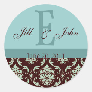 Wedding Monogram Names Date Damask Brown Blue Classic Round Sticker
