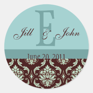 Wedding Monogram Names Date Damask Brown Blue Classic Round Sticker
