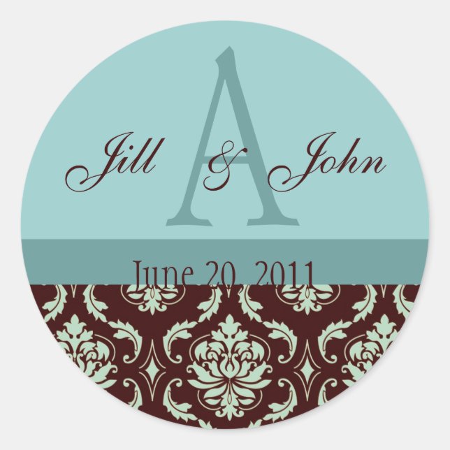 Wedding Monogram Names Date Damask Brown Blue Classic Round Sticker (Front)