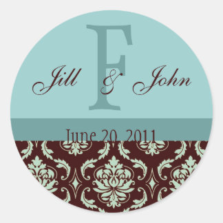 Wedding Monogram Names Date Damask Brown Blue Classic Round Sticker