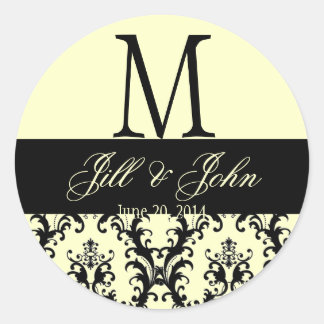 Wedding Monogram Names Date Damask Ivory Seal