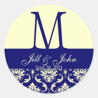 Wedding Monogram Names Date Damask Navy Cream Classic Round Sticker