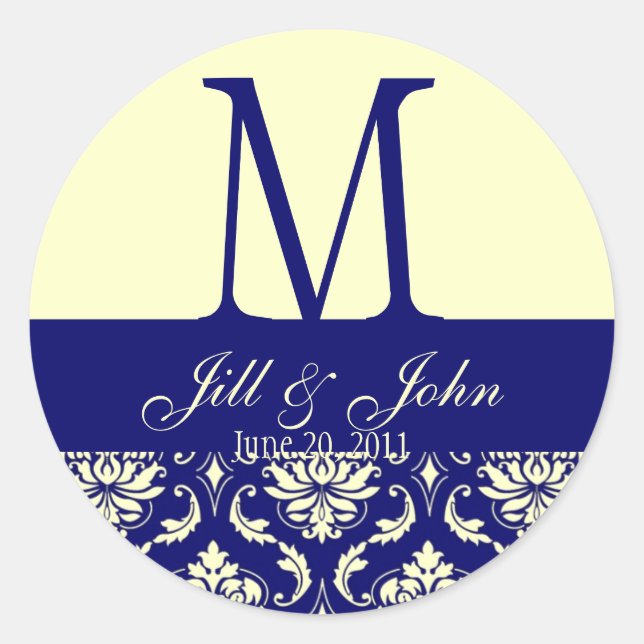 Wedding Monogram Names Date Damask Navy Cream Classic Round Sticker (Front)