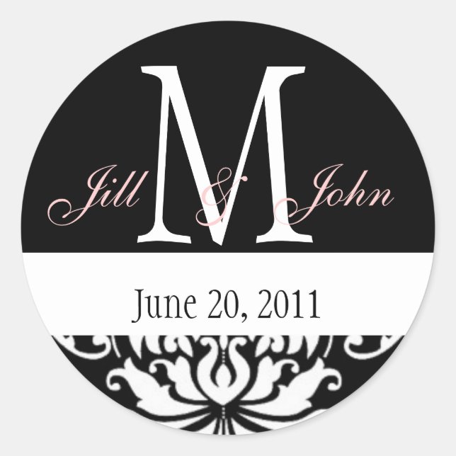 Wedding Monogram Names Date Damask Sticker (Front)