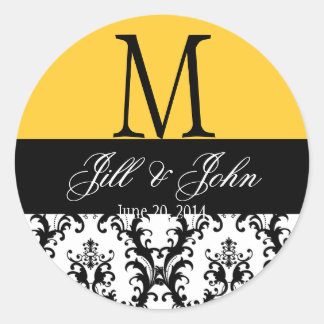 Wedding Monogram Names Date Damask Yellow Seal