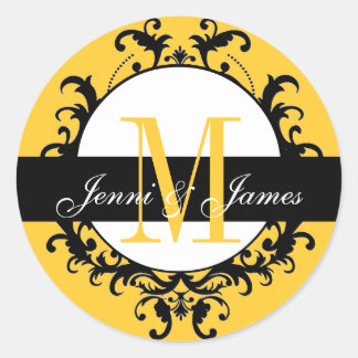 Wedding Monogram Names Ornate Yellow Label
