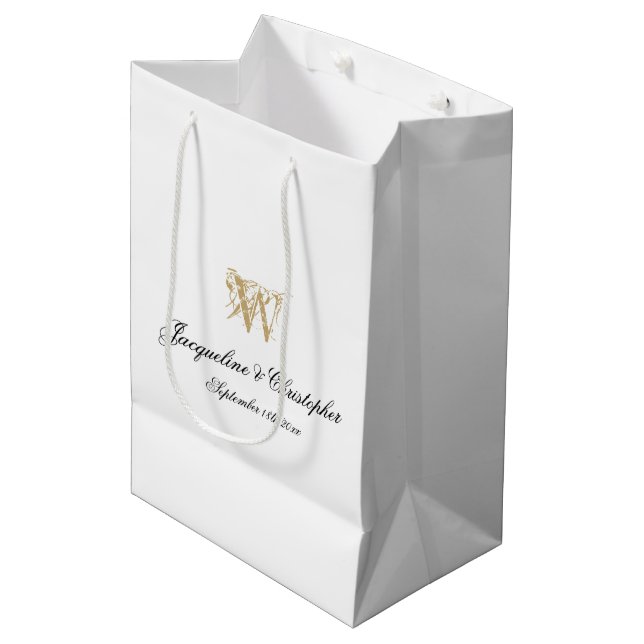 Wedding Monogram Names Script Elegant White Gold   Medium Gift Bag (Front Angled)