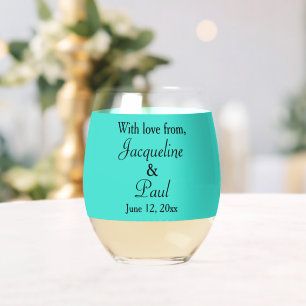 Wedding Monogram Names Turquoise Black Stemless Wine Glass