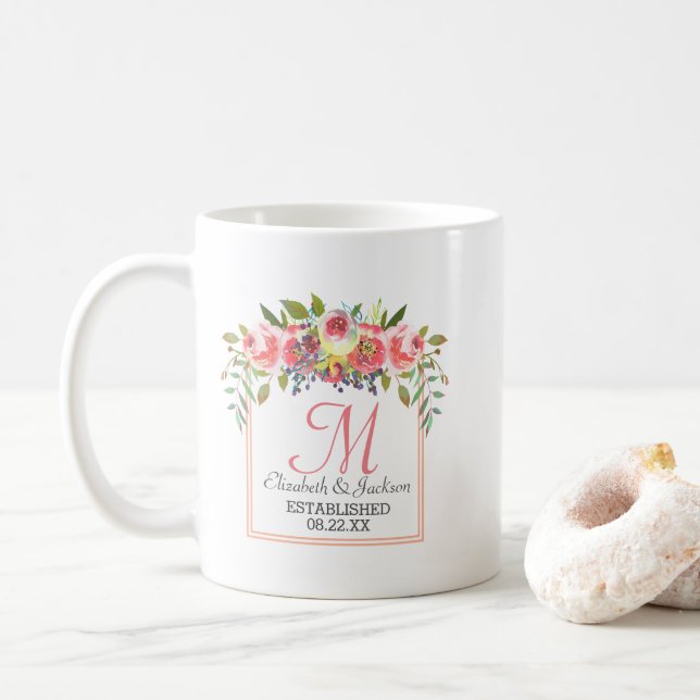 Wedding Monogram Peach Watercolor Floral Wreath Coffee Mug (With Donut)