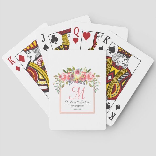 Wedding Monogram Peach Watercolor Floral Wreath Playing Cards (Back)