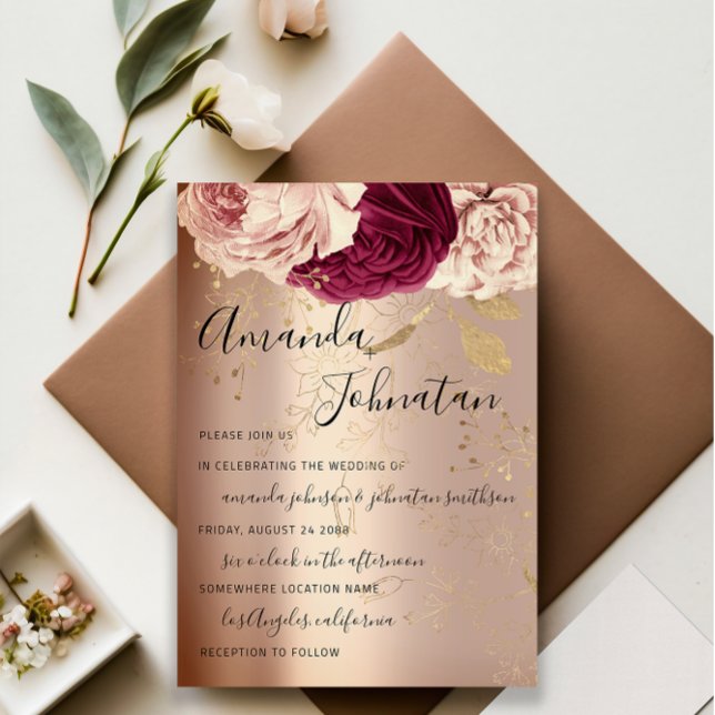 Wedding Monogram Pink Florals Marsala Rose Gold Invitation (Wedding Monogram Pink Florals Marsala Rose Gold Invitation)