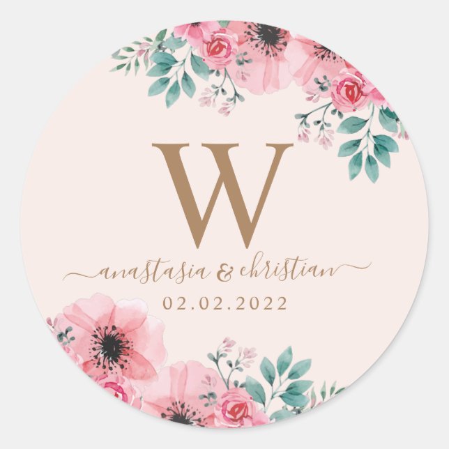 Wedding Monogram Pink Green Floral Bouquet Classic Round Sticker (Front)