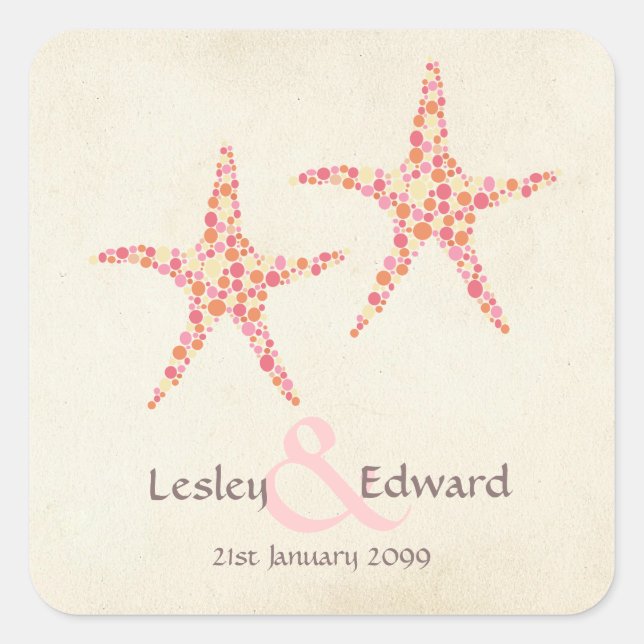 Wedding Monogram Pink Orange Coral Starfish Label (Front)