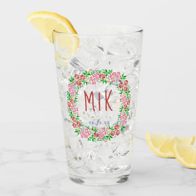 Wedding Monogram Pretty Floral Wreath Married Date Glass (Front Ice)