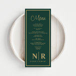 Wedding Monogram Reception Or Engagement Dinner Menu<br><div class="desc">Introducing our Emerald Green and Gold Wedding Monogram Reception or Engagement Dinner Menus, a stunning addition to your special event that combines elegance with personalised charm. These menus are crafted with a rich emerald green background accented by luxurious gold details, creating a sophisticated look that enhances any table setting. Perfect...</div>