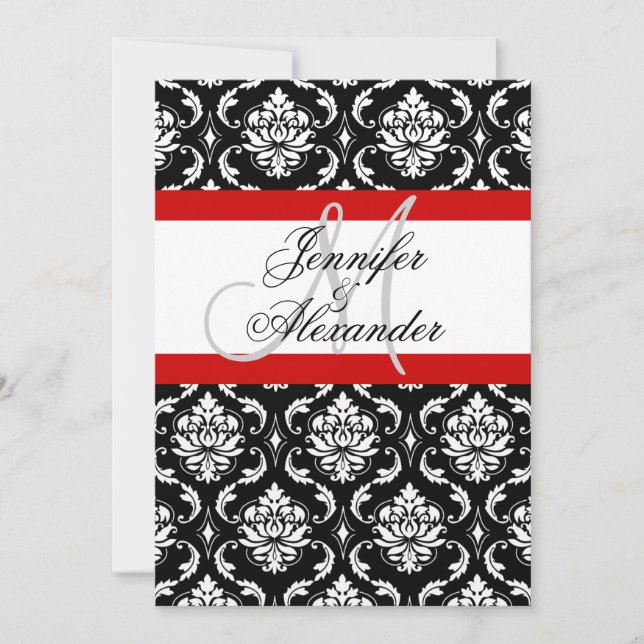 Wedding Monogram Red Damask Invitation Front View (Front)