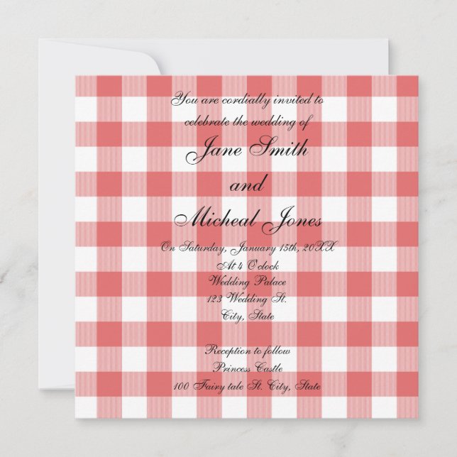 Wedding monogram red gingham checkers invitation (Front)