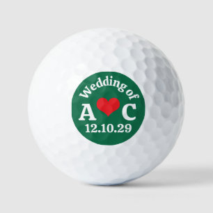 WEDDING Monogram Red Heart & Dark Green Background Golf Balls