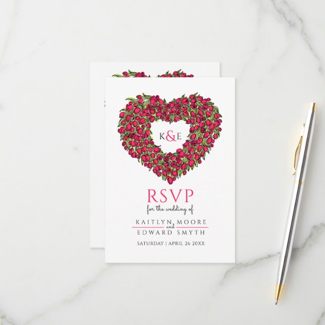 Wedding monogram red tulip flower heart RSVP (Front/Back In Situ)