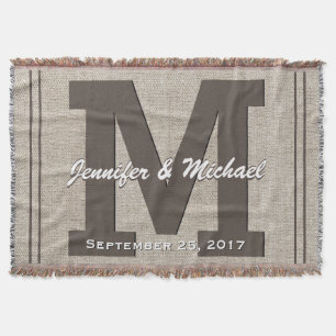 Wedding Monogram   Rustic Linen Look Throw Blanket