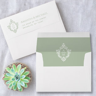 Wedding Monogram Sage Green Vintage Crest Elegant Envelope