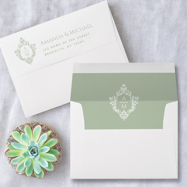 Wedding Monogram Sage Green Vintage Crest Elegant Envelope (Creator Uploaded)