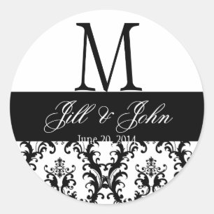 Wedding Monogram Save Date Damask Black and White Classic Round Sticker