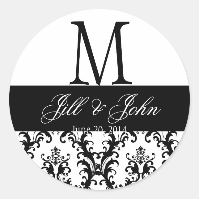Wedding Monogram Save Date Damask Black and White Classic Round Sticker (Front)