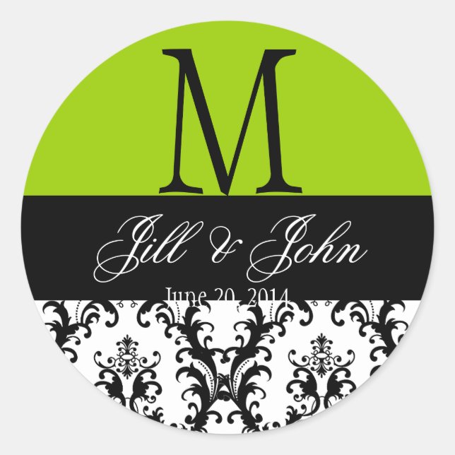 Wedding Monogram Save Date Damask Green Seal (Front)